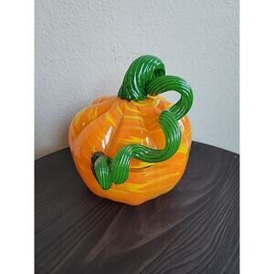 Hand Blown Art Glass Sculpture Fall Harvest Pumpkin Swirl Stem Orange Green 5.5"